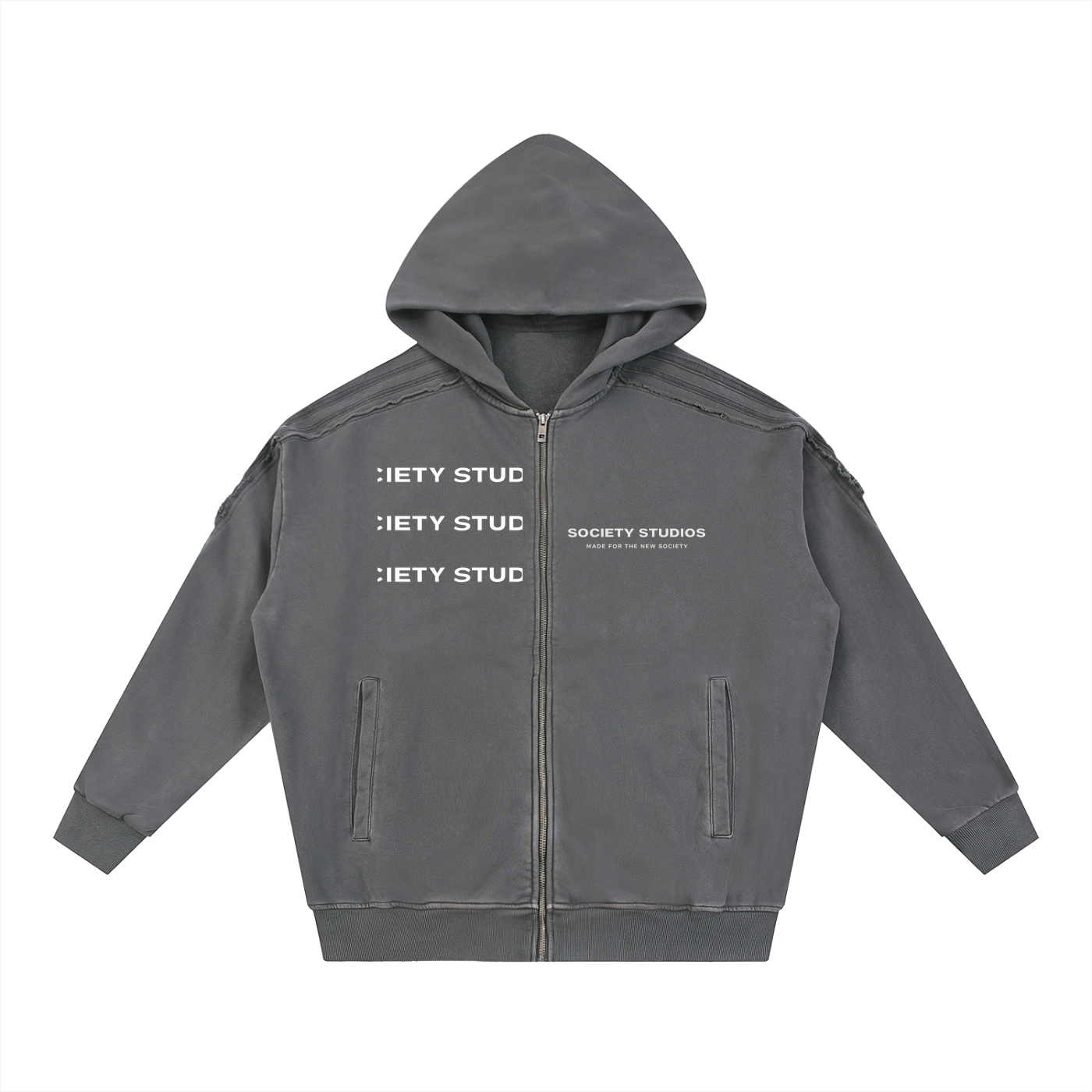 Snow Washed Tape Raw Edge Zip Hoodie