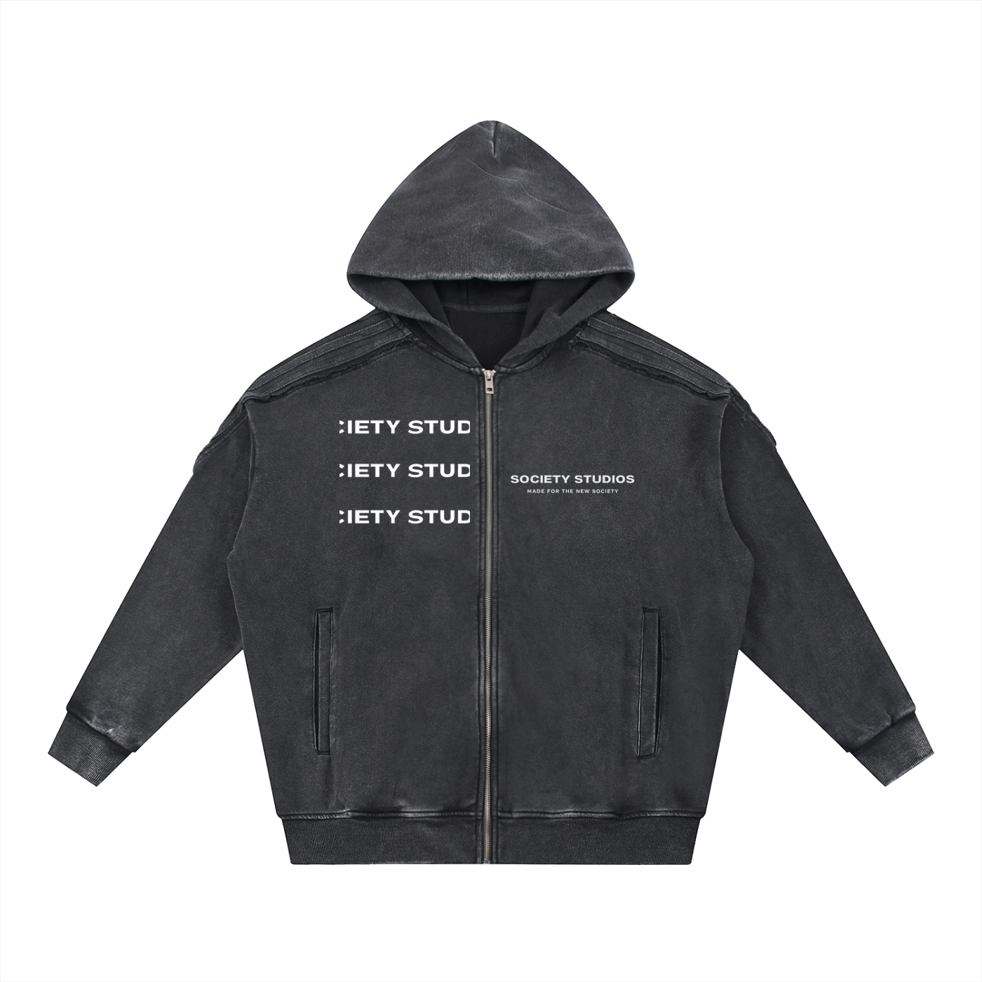 Snow Washed Tape Raw Edge Zip Hoodie