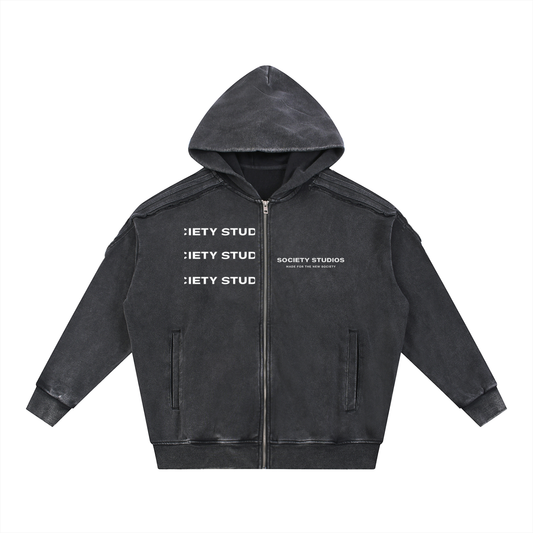 Snow Washed Tape Raw Edge Zip Hoodie